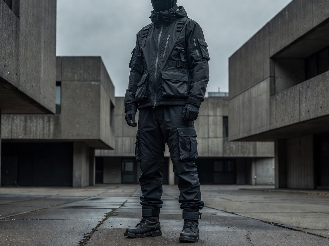 Berlin brutalist darkwear technical jacket and cargo pants
