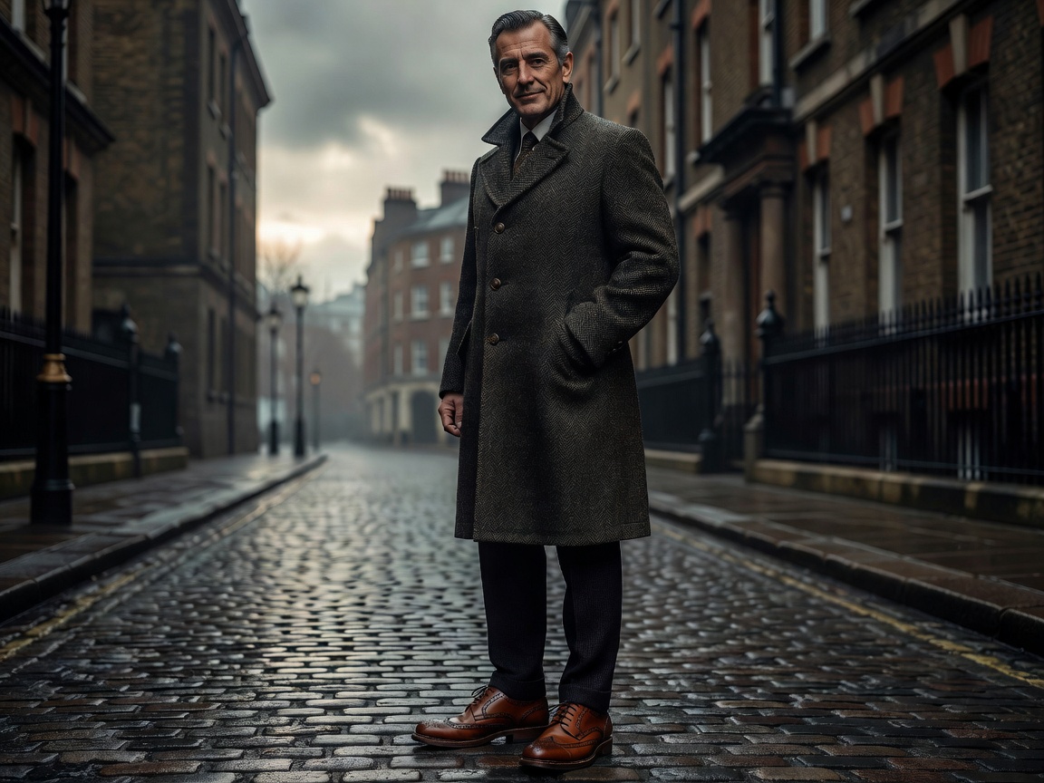 London heavy tweed coat and English leather brogues