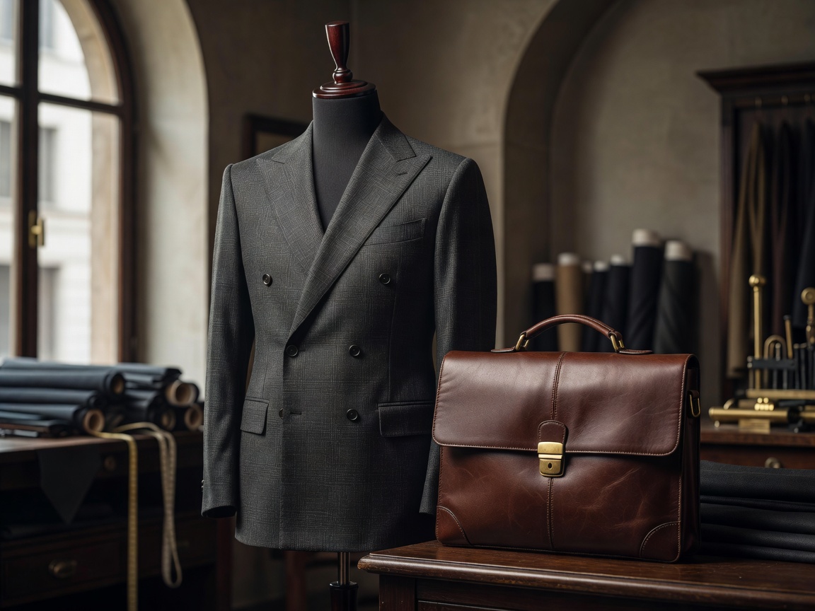 Milan bespoke Italian double breasted suit and calfskin leather briefcase