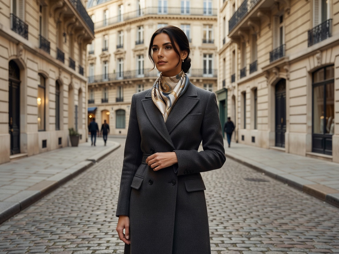 Parisian chic tailored wool coat and silk scarf